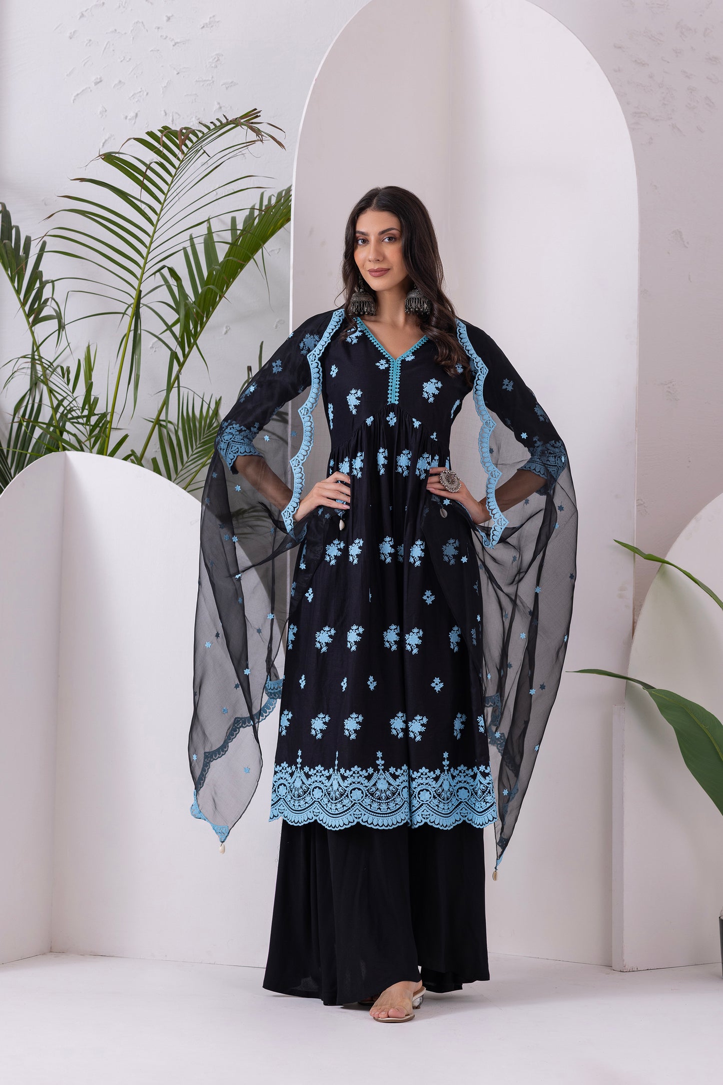 BLACK AND BLUE EMBROIDERED SUIT SET