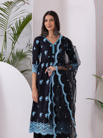 BLACK AND BLUE EMBROIDERED SUIT SET