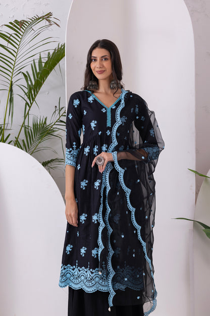 BLACK AND BLUE EMBROIDERED SUIT SET