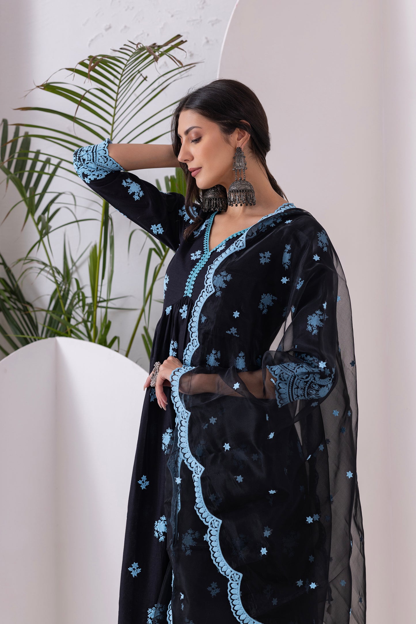 BLACK AND BLUE EMBROIDERED SUIT SET
