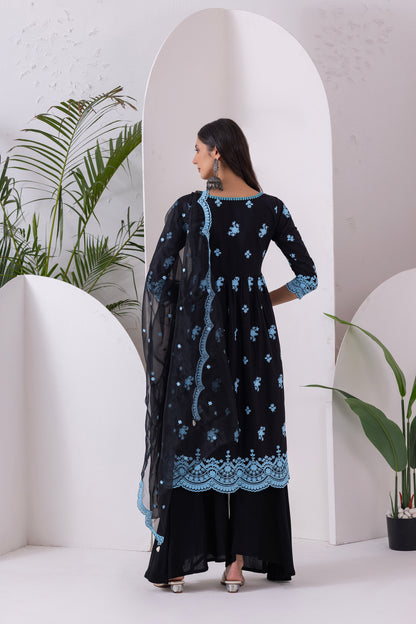 BLACK AND BLUE EMBROIDERED SUIT SET