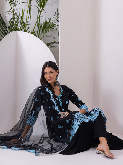 BLACK AND BLUE EMBROIDERED SUIT SET