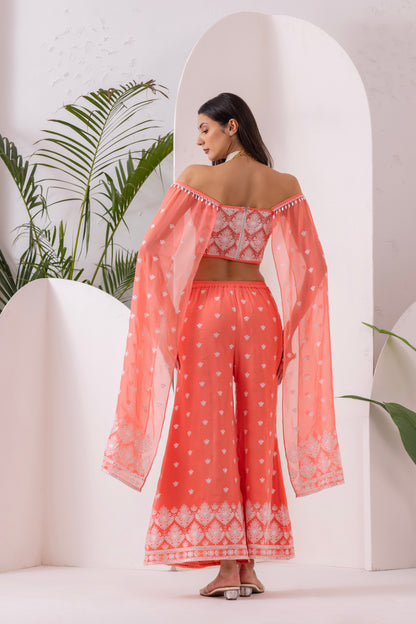 PEACH AND WHITE EMBROIDERED FUSION SET