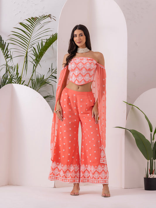 PEACH AND WHITE EMBROIDERED FUSION SET