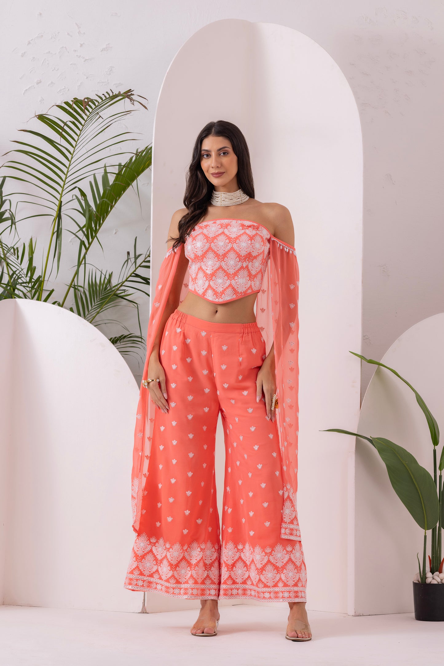 PEACH AND WHITE EMBROIDERED FUSION SET