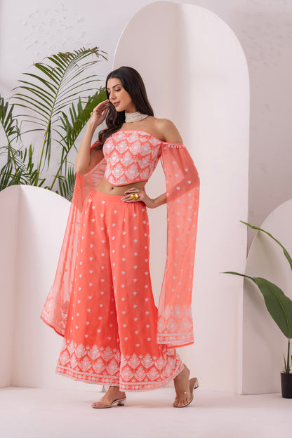 PEACH AND WHITE EMBROIDERED FUSION SET