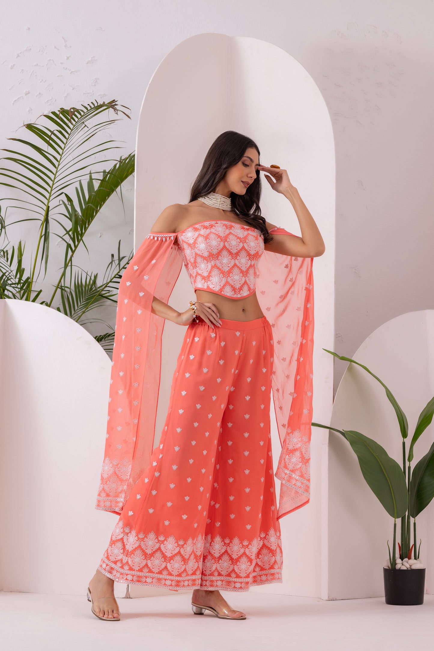 PEACH AND WHITE EMBROIDERED FUSION SET