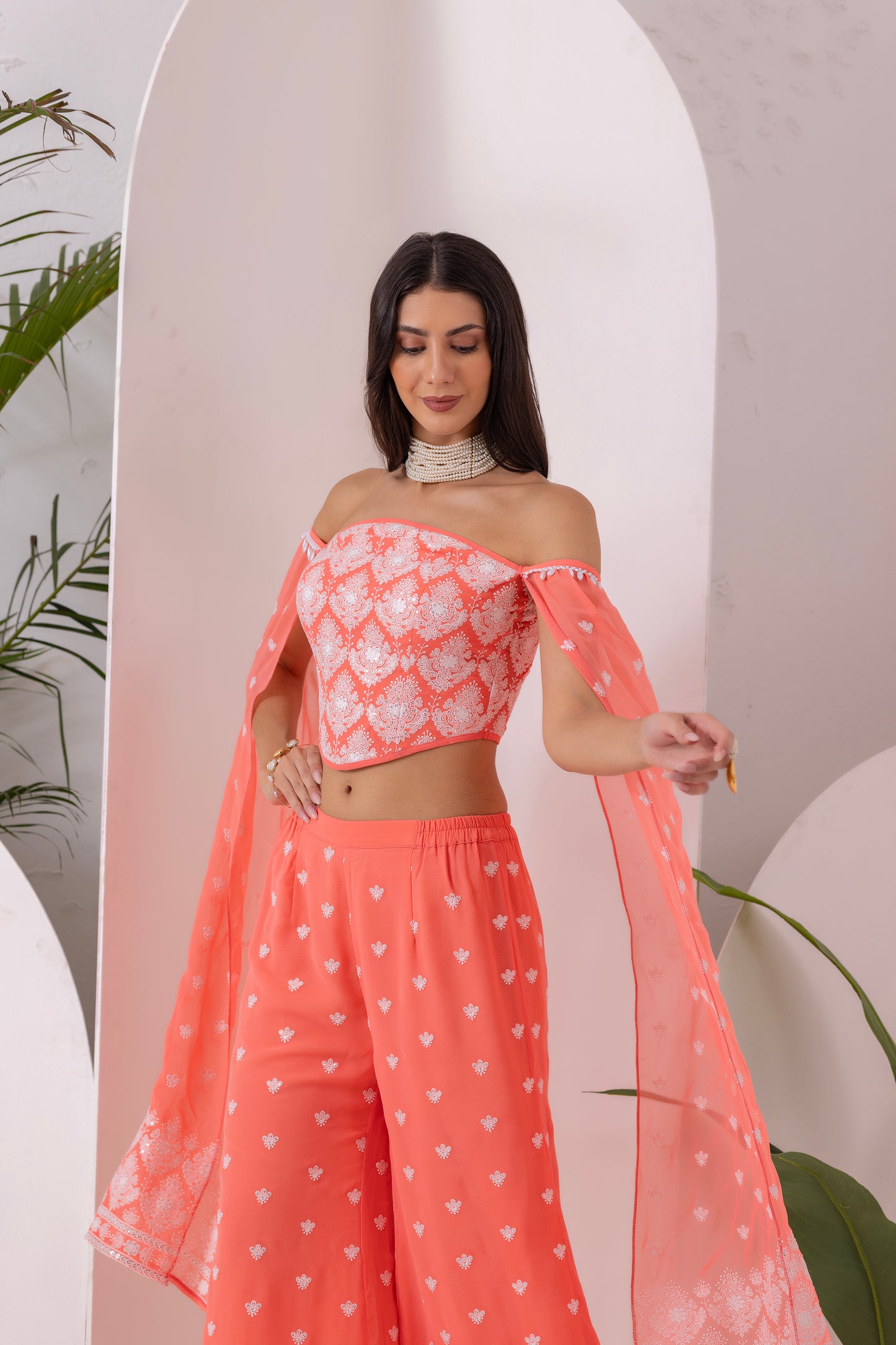 PEACH AND WHITE EMBROIDERED FUSION SET