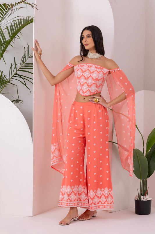 PEACH AND WHITE EMBROIDERED FUSION SET