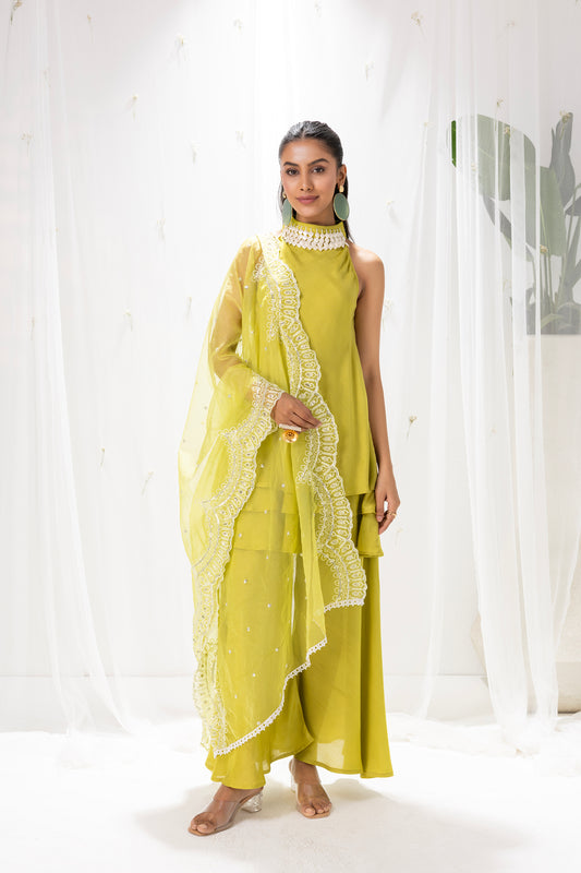 LIME HALTER  LAYERERD SUIT SET WITH EMBROIDERED ORGANZA DUPATTA