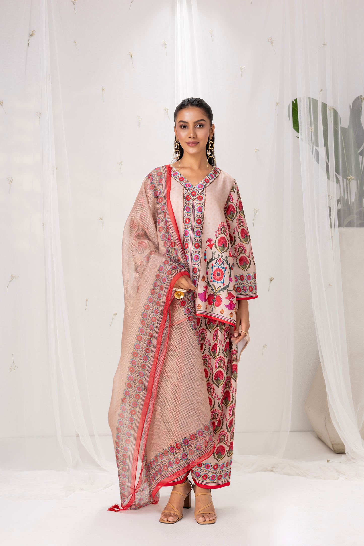 BEIGE MUGHLAI PRINT FARSHI SALWAR SUIT