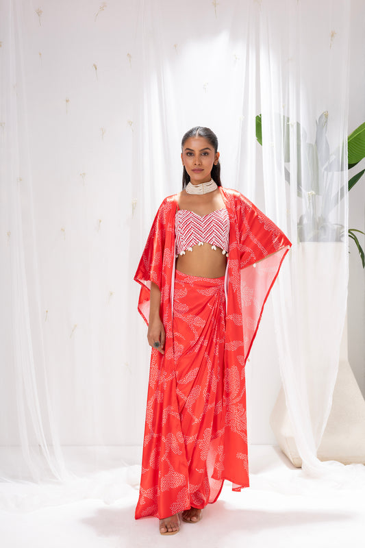 Red Printed 3 piece Fusion Set