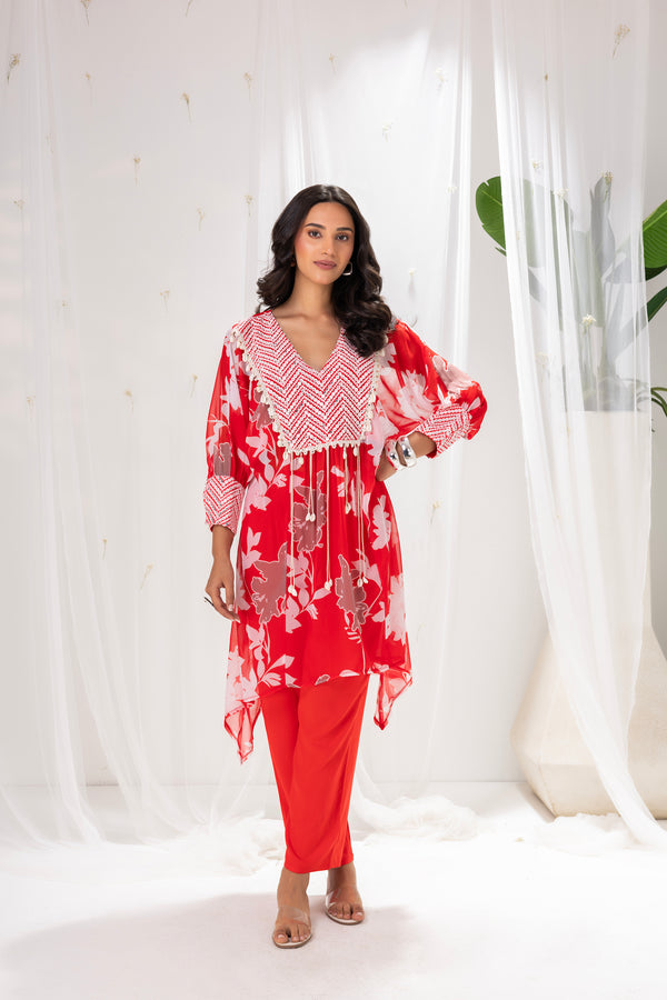 RED PRINTED EMBROIDERED KAFTAN SET