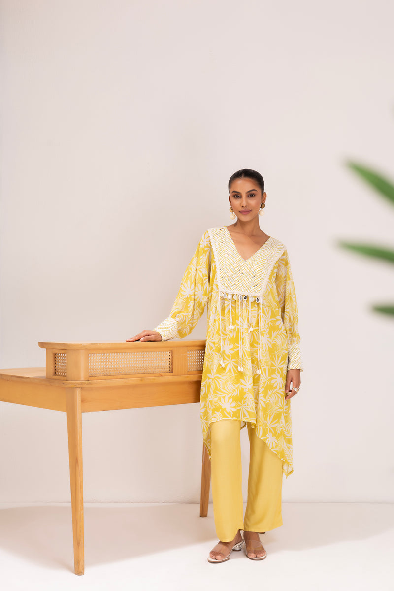 YELLOW PRINTED EMBROIDERED KAFTAN SET