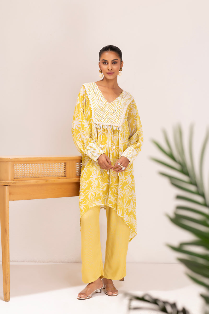 YELLOW PRINTED EMBROIDERED KAFTAN SET