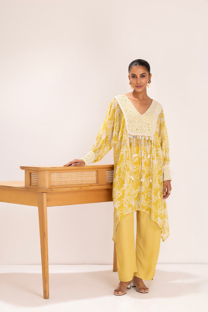 YELLOW PRINTED EMBROIDERED KAFTAN SET