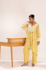 YELLOW PRINTED EMBROIDERED KAFTAN SET