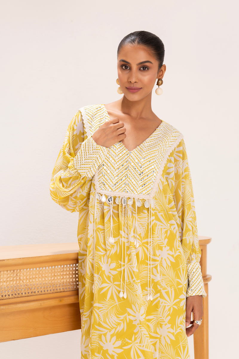 YELLOW PRINTED EMBROIDERED KAFTAN SET
