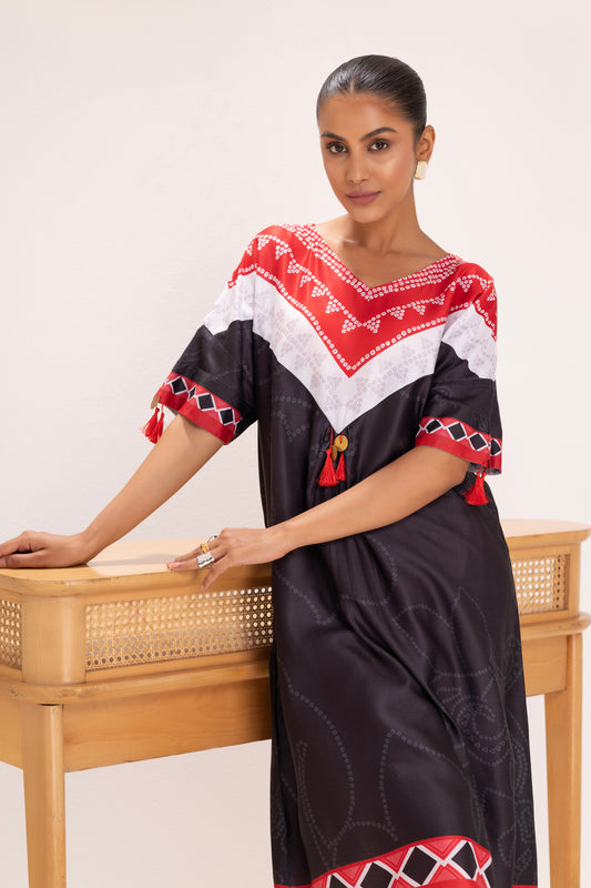 BLACK AND RED BANDHANI PRINT KURTA