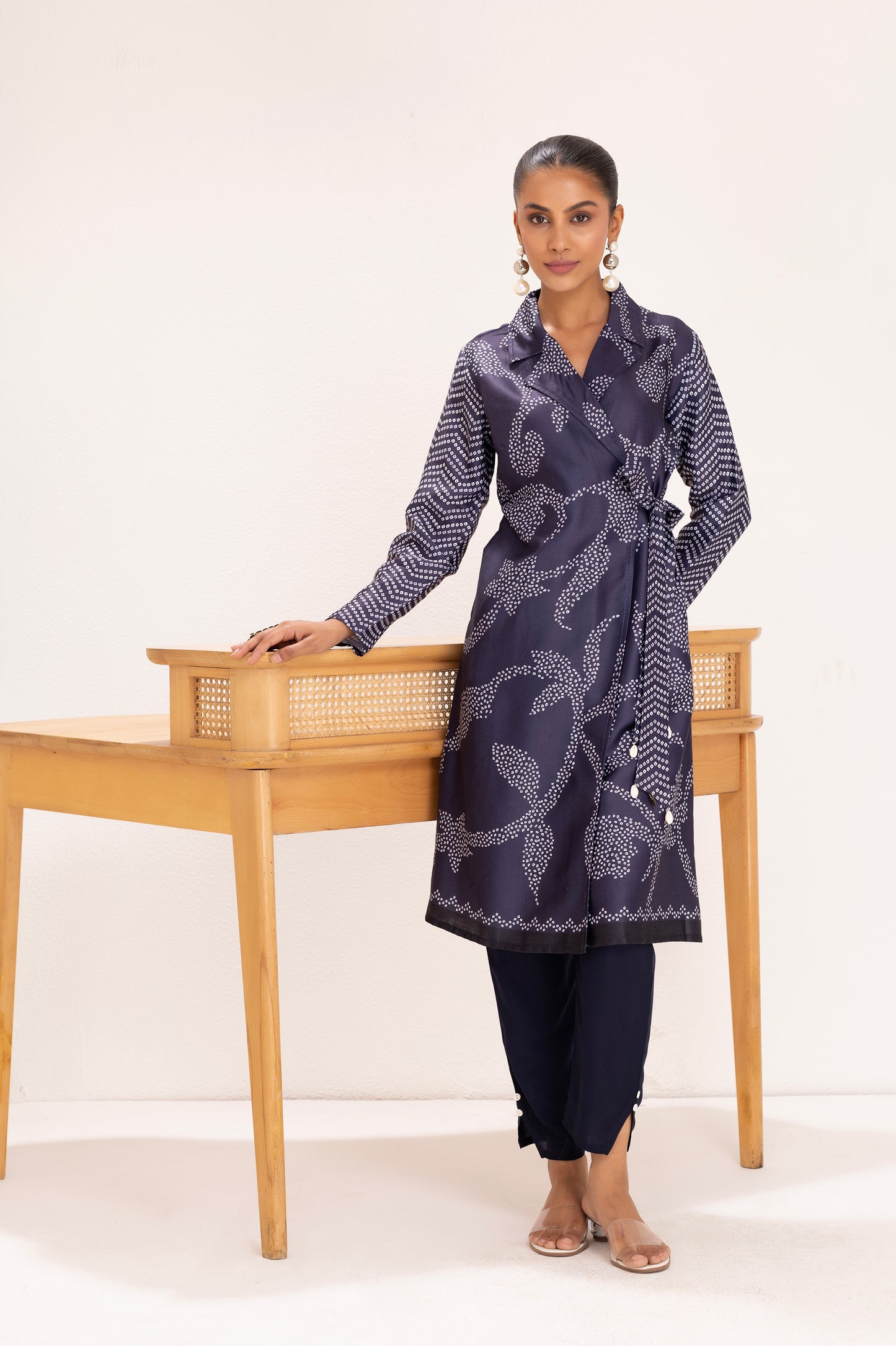 NAVY PRINTED TRENCH STYLE TUNIC