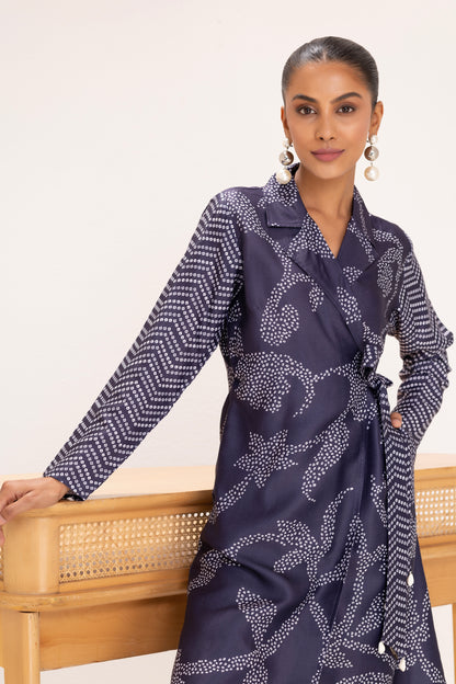 NAVY PRINTED TRENCH STYLE TUNIC