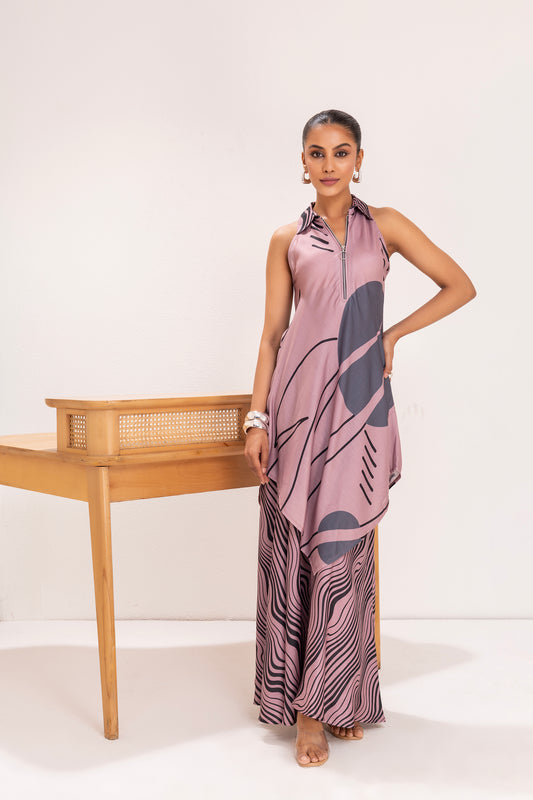DUSTY PINK AND GREY PRINTED TUNIC SET