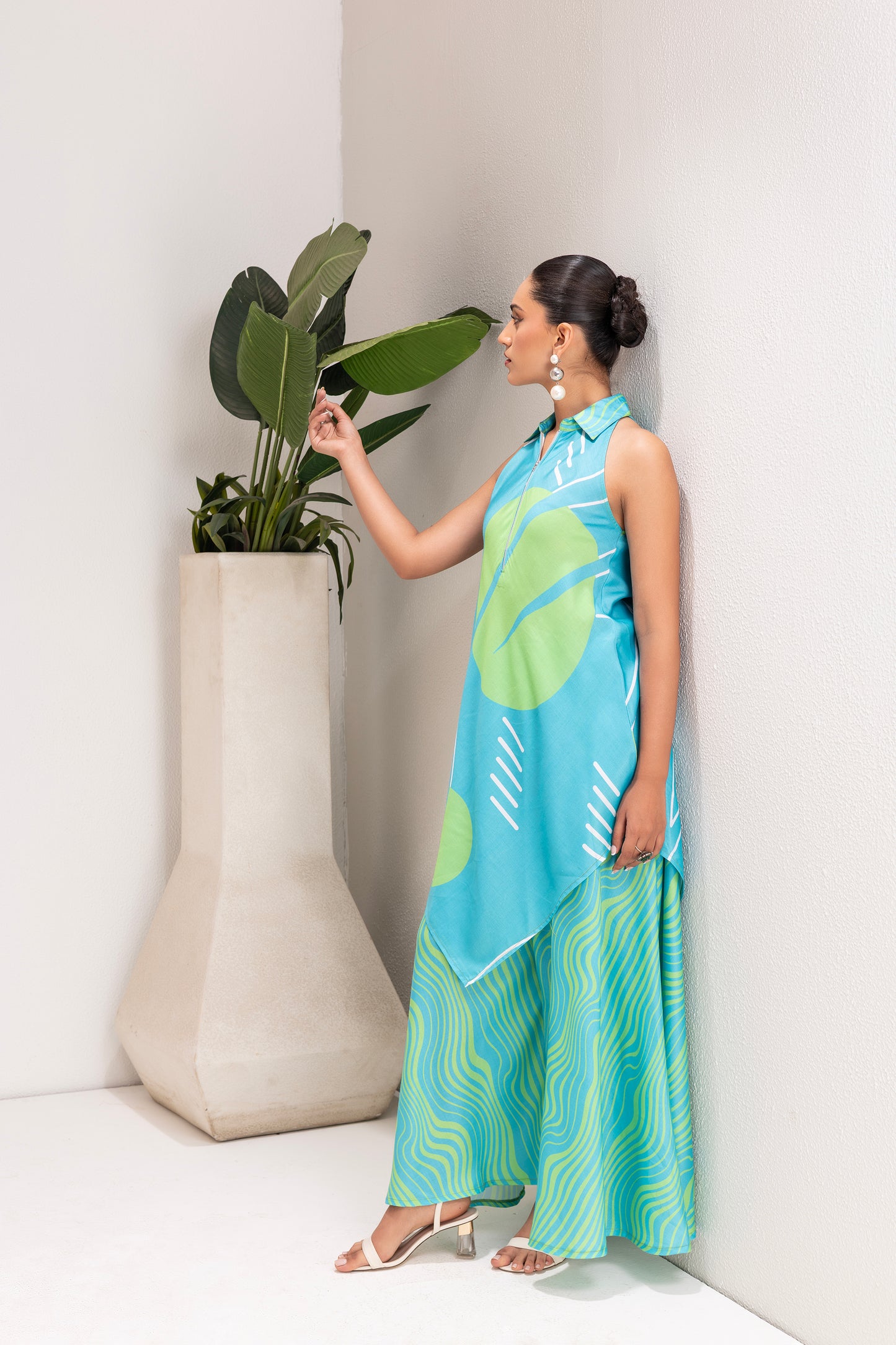SKY AND LIME ABSTRACT PRINT TUNIC SET