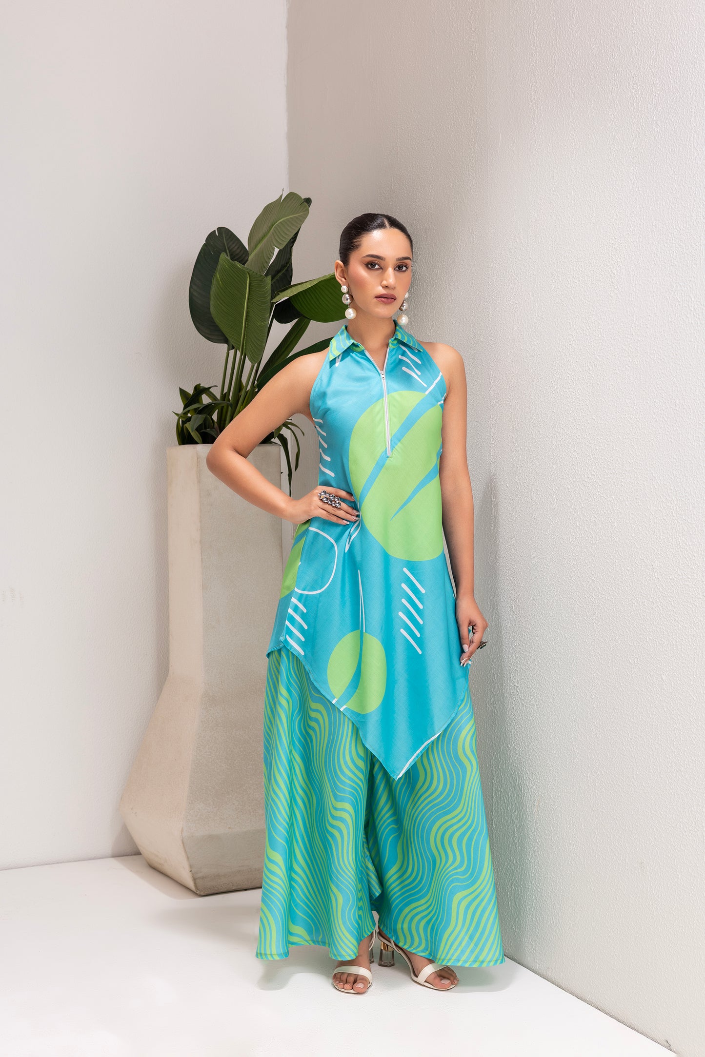 SKY AND LIME ABSTRACT PRINT TUNIC SET