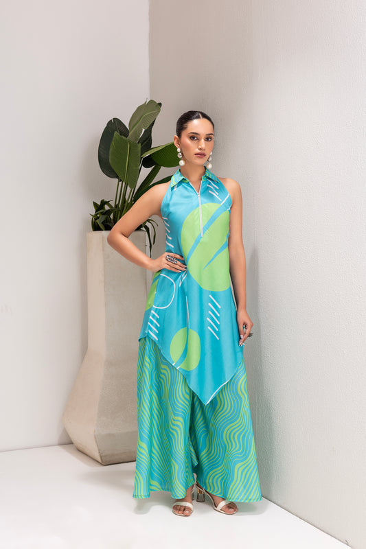 SKY AND LIME ABSTRACT PRINT TUNIC SET