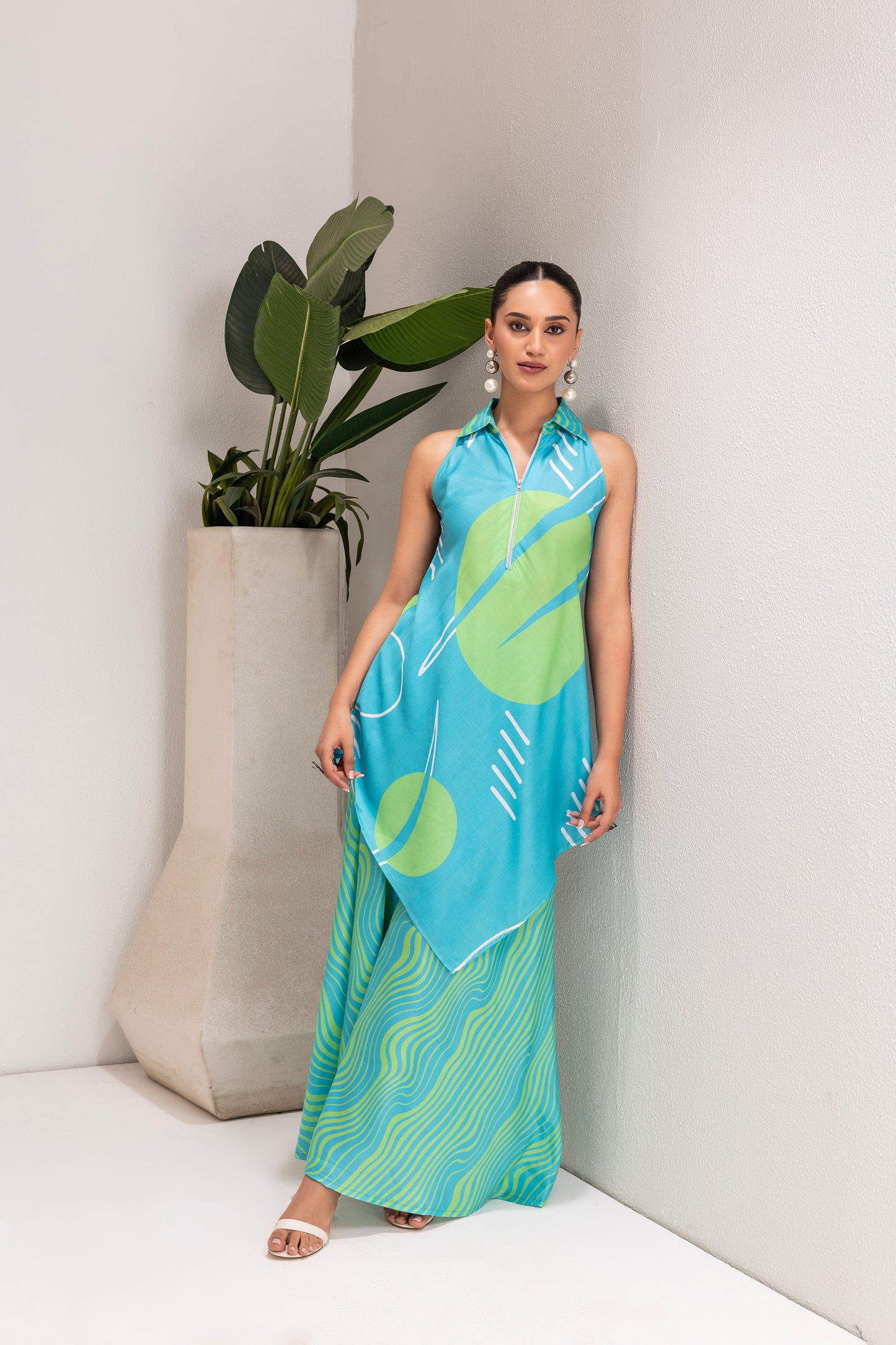 SKY AND LIME ABSTRACT PRINT TUNIC SET