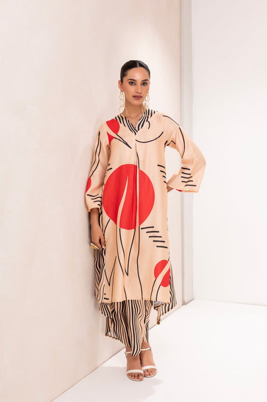 BEIGE AND RED ABSTRACT PRINT KURTA SET