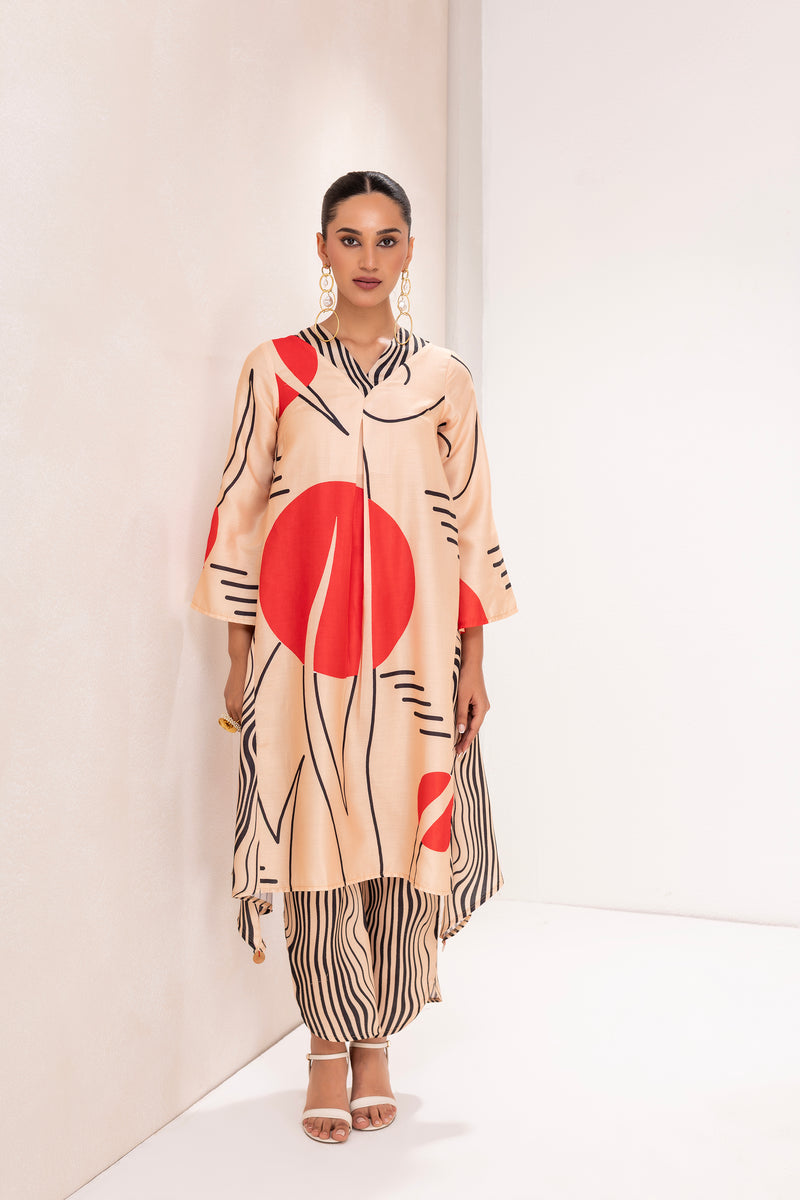 BEIGE AND RED ABSTRACT PRINT KURTA SET