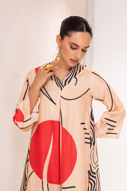 BEIGE AND RED ABSTRACT PRINT KURTA SET