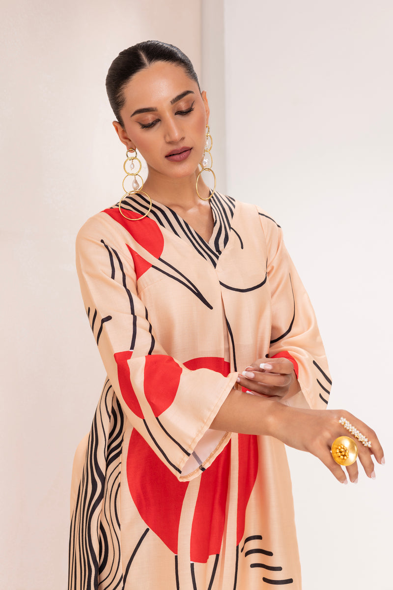 BEIGE AND RED ABSTRACT PRINT KURTA SET