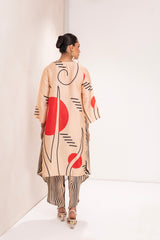 BEIGE AND RED ABSTRACT PRINT KURTA SET