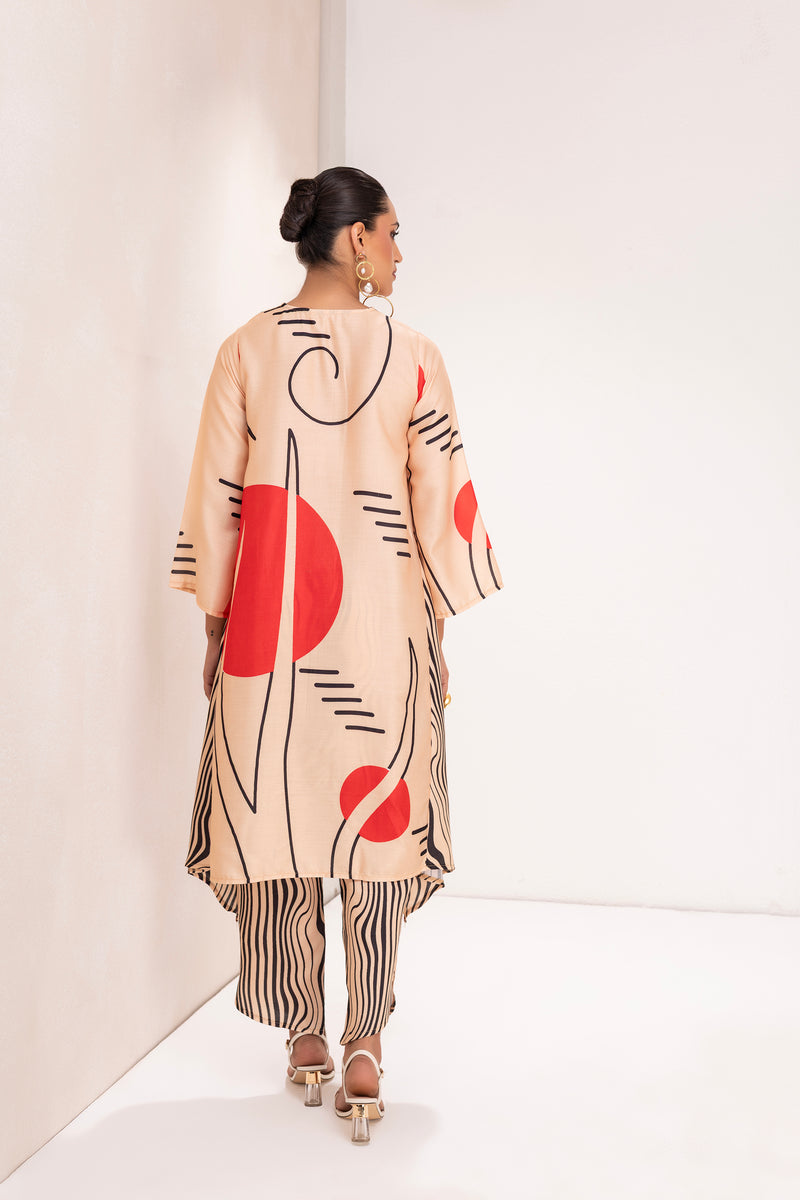 BEIGE AND RED ABSTRACT PRINT KURTA SET