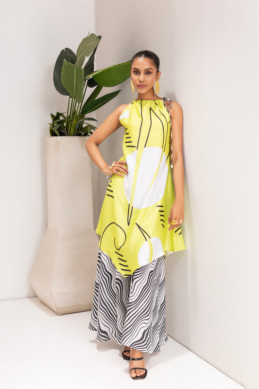 LIME AND WHITE ABSTRACT PRINT TUNIC SET