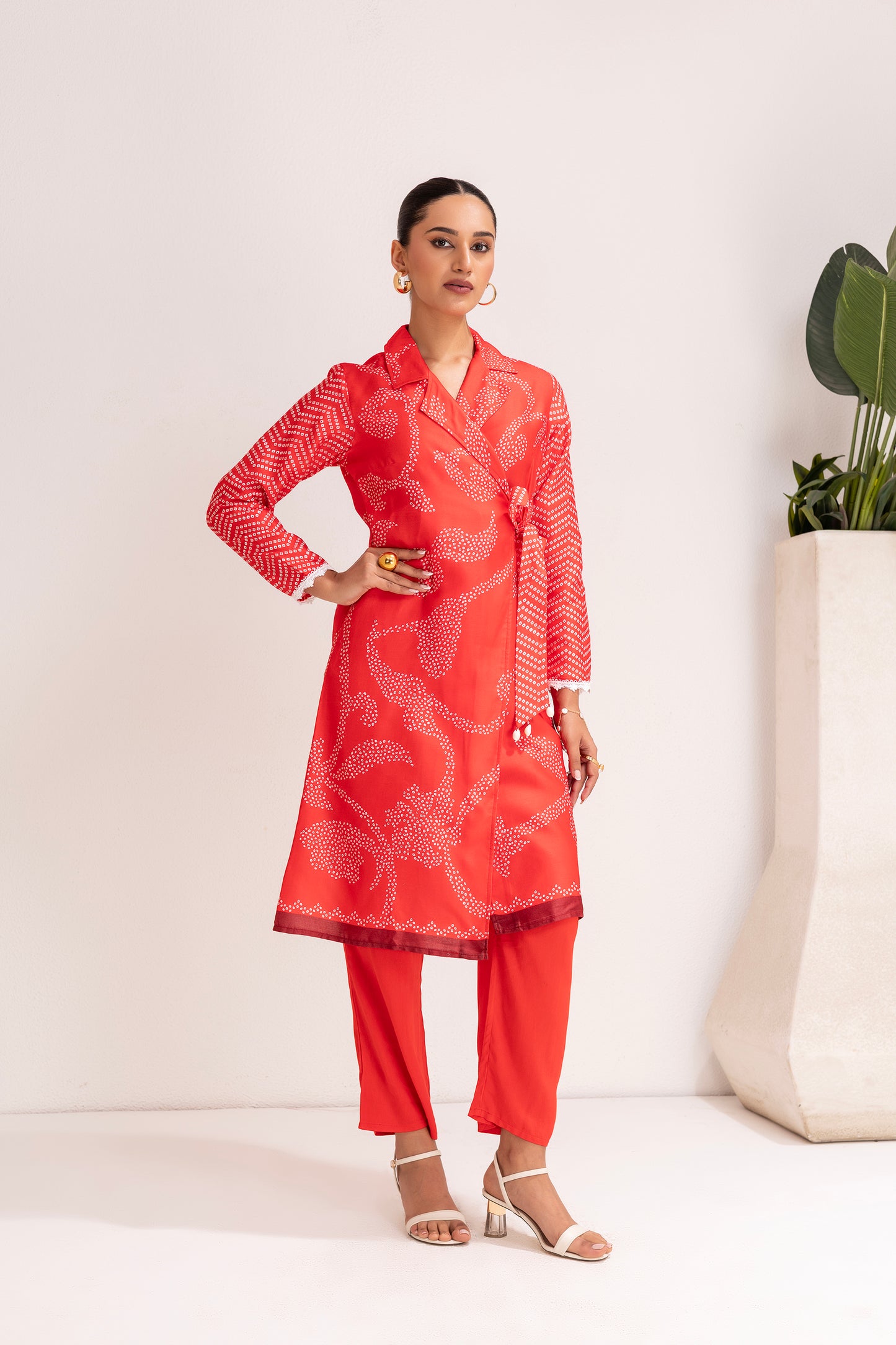 RED PRINTED TRENCH STYLE TUNIC