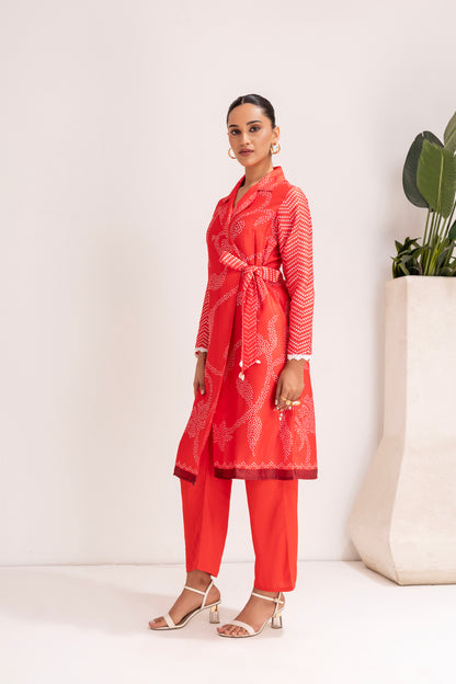 RED PRINTED TRENCH STYLE TUNIC