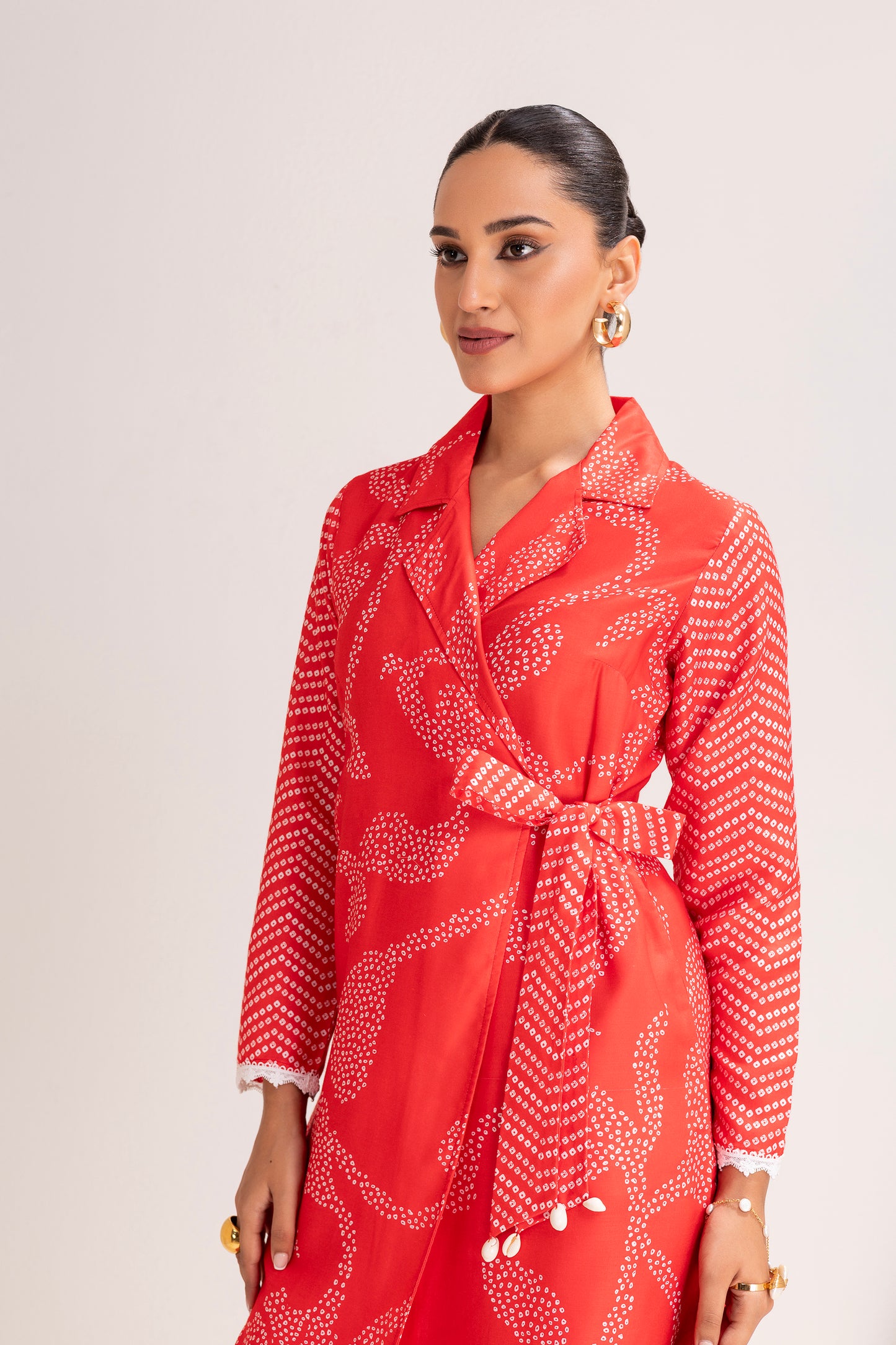 RED PRINTED TRENCH STYLE TUNIC