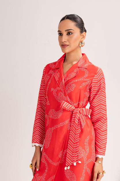 RED PRINTED TRENCH STYLE TUNIC