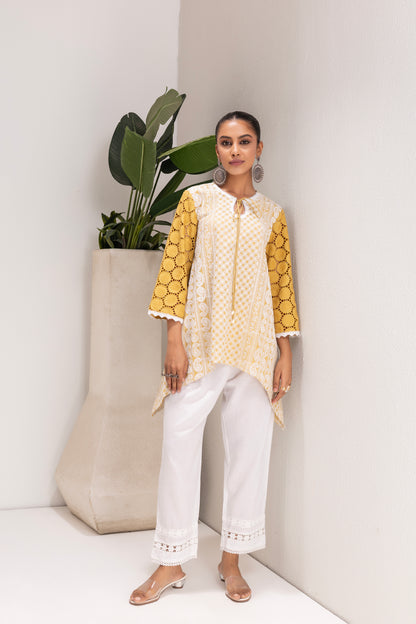 MUSTARD AND WHITE EMBROIDERED KURTA