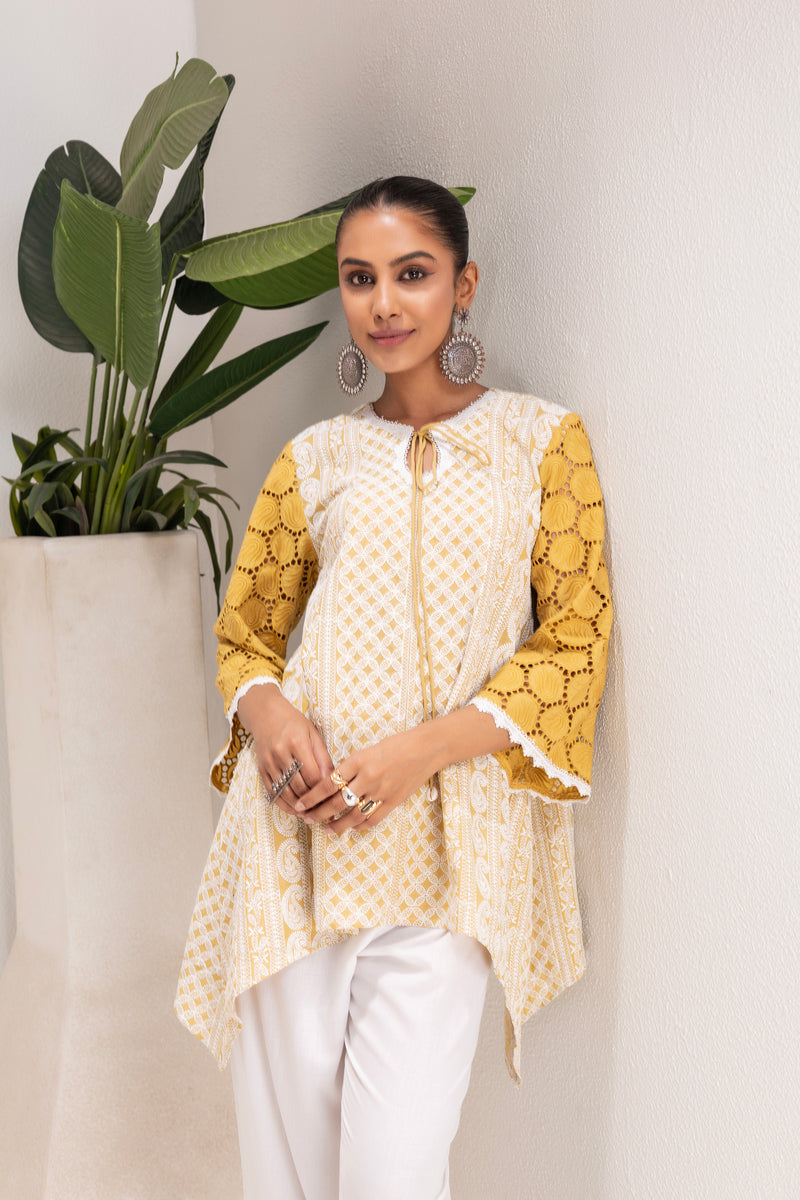 MUSTARD AND WHITE EMBROIDERED KURTA