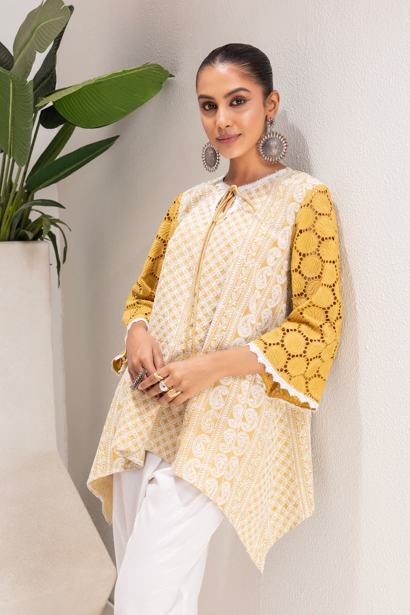 MUSTARD AND WHITE EMBROIDERED KURTA