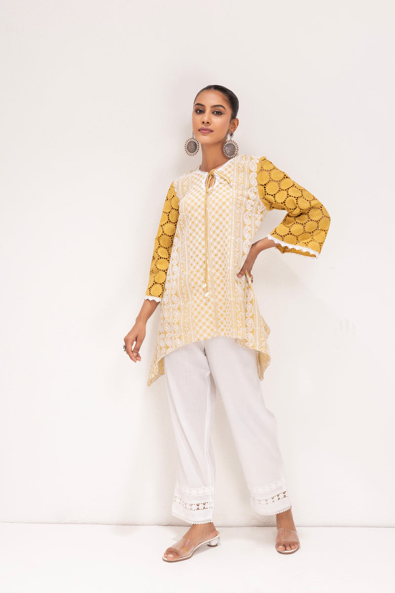 MUSTARD AND WHITE EMBROIDERED KURTA