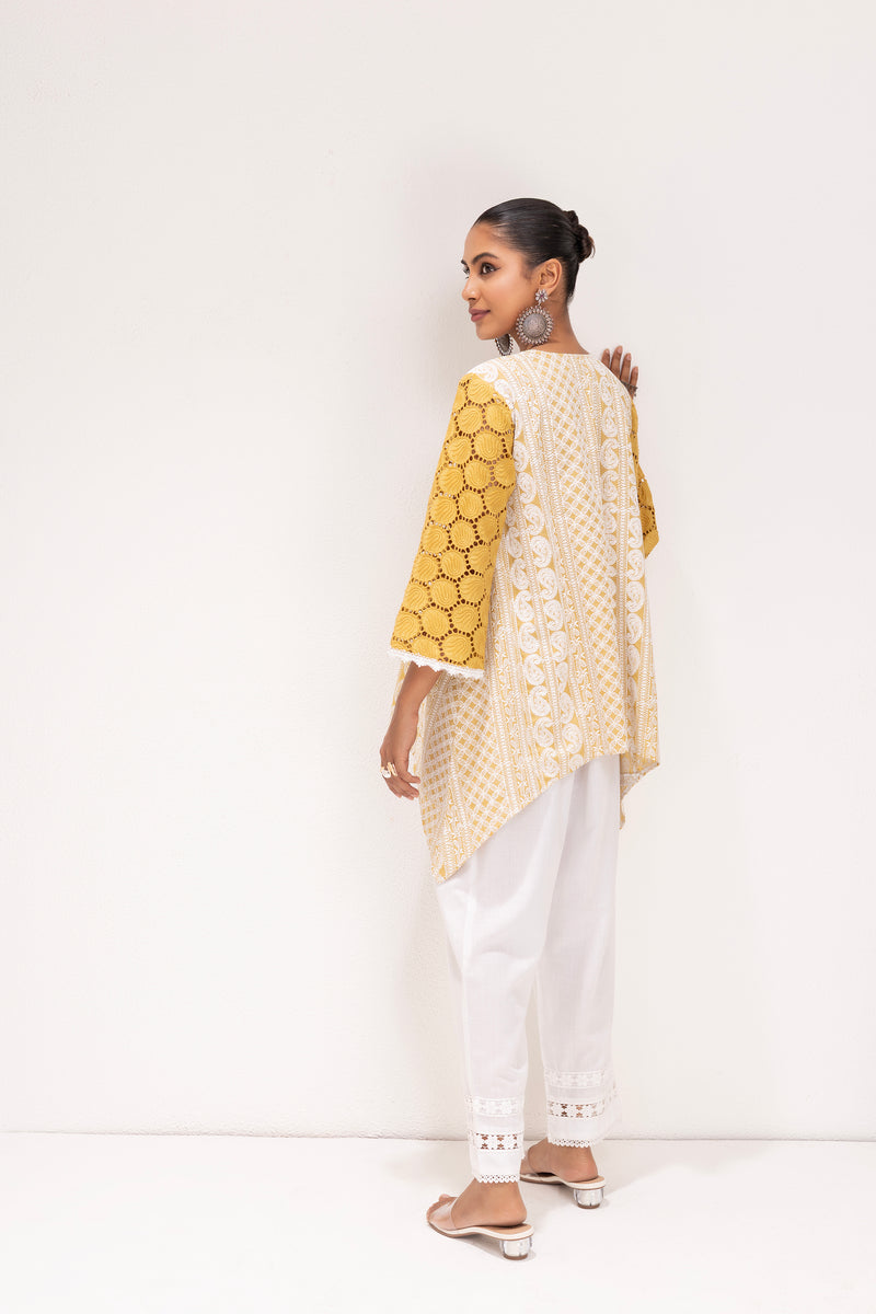 MUSTARD AND WHITE EMBROIDERED KURTA