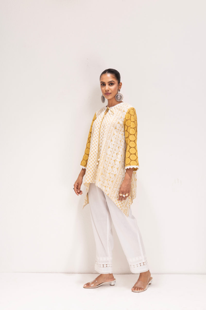 MUSTARD AND WHITE EMBROIDERED KURTA