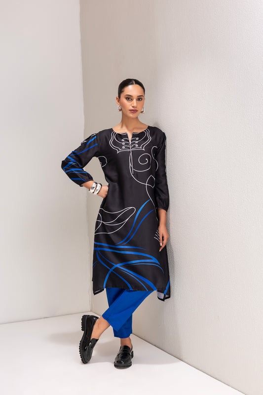 BLACK AND BLUE PRINTED TUNIC SET