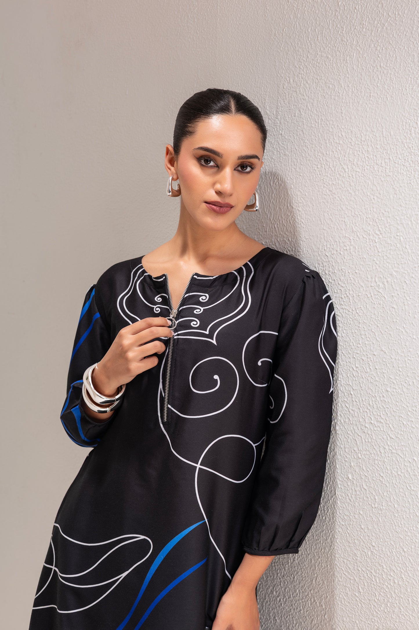 BLACK AND BLUE PRINTED TUNIC SET