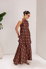 Brown Motif Print Halter Tunic Set